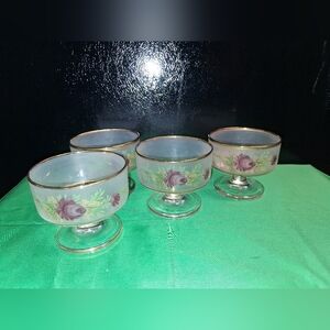 4 Vintage Italian Giorgi Frosted & Clear Hand Painted Glass Footed Sherbert Cups